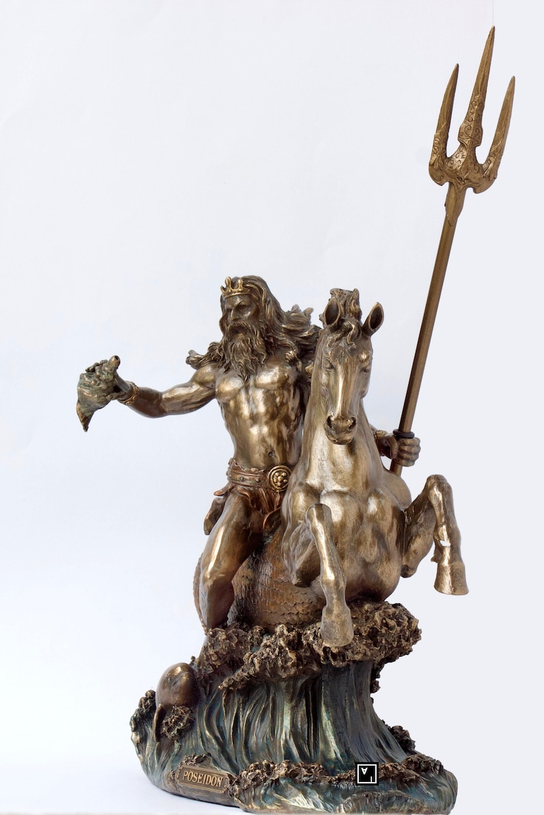 Posiden Shell Poseidon With Trident Riding a Hippocampus Statue - Etsy