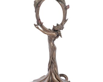 Art Nouveau Lady Mirror, Cold Cast Bronze Goddess Figure Mirror, Floral Decorative Table Mirror, Unique Vanity Mirror, Elegant Home Decor
