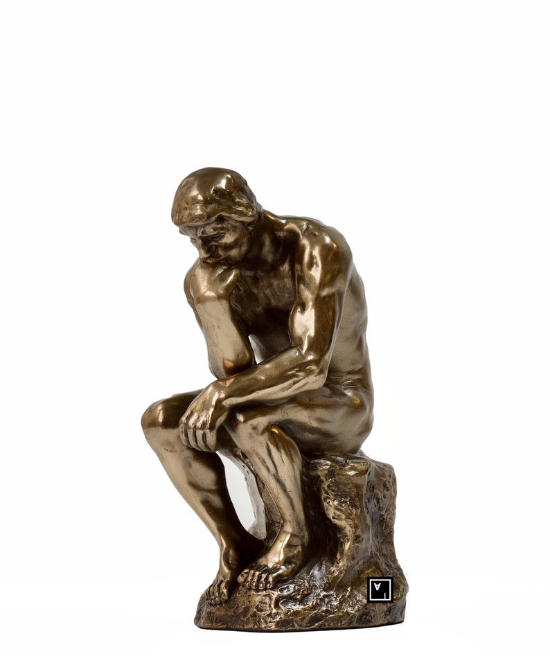 May include: A bronze sculpture of a man sitting in a contemplative pose, known as "The Thinker". The sculpture is detailed and realistic, capturing the man's thoughtful expression.
