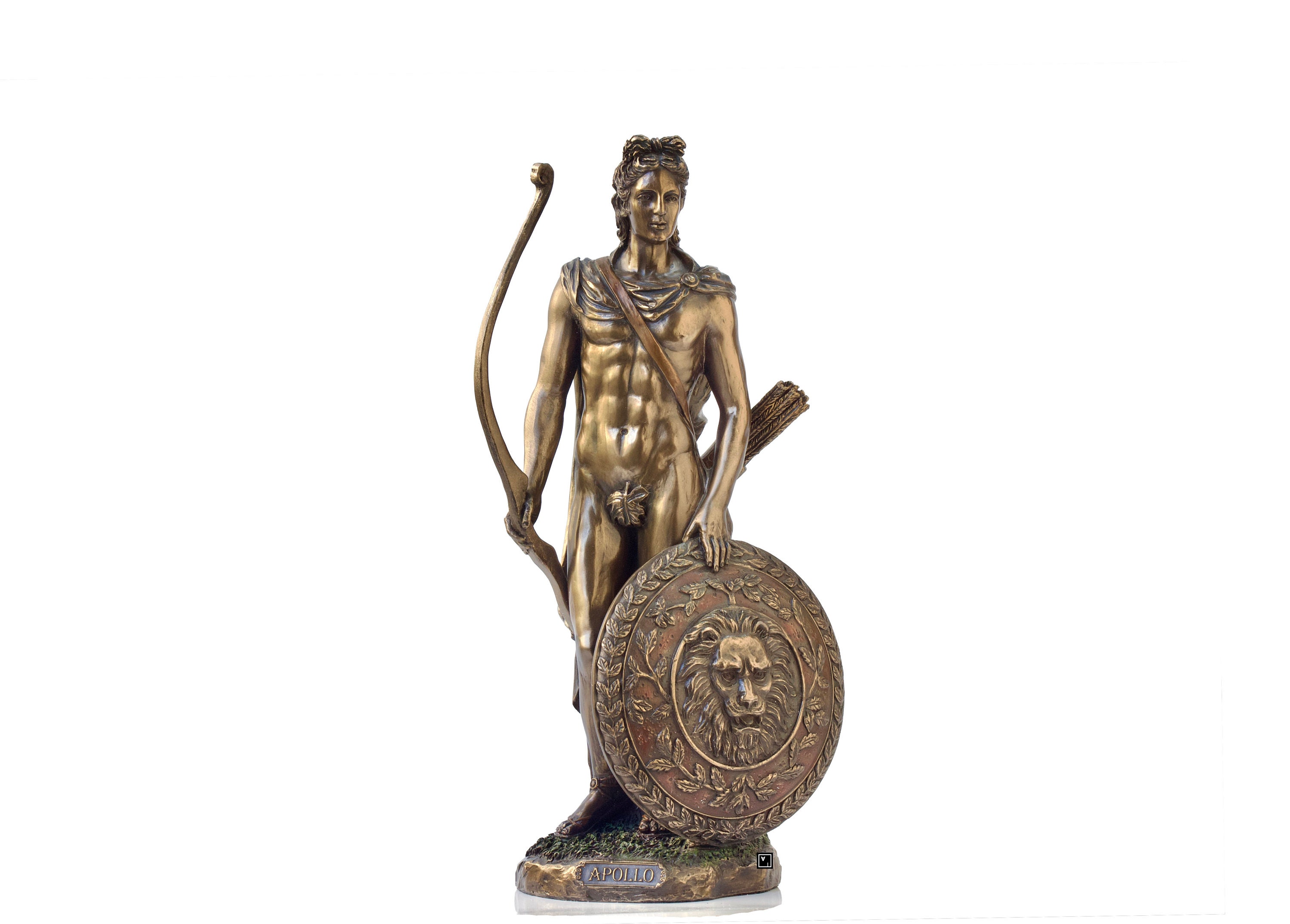 Apollo Roman Greek God With Shield and Bow Bronzed Statue