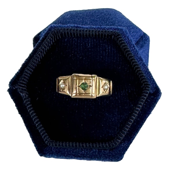 Genuine Green Tourmaline & Seed Pearl Band Ring- Late Victorian to Early Edwardian Era- 9k yellow gold - Sz 8- Fine Chester Jewelry