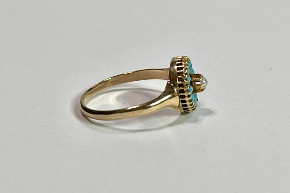 Turquoise & Seed Pearl Halo Ring - 14k Yellow Gol… - image 9