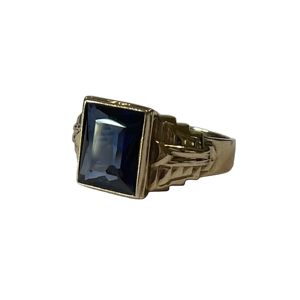 Created Sapphire Ring - Retro Era 10k Yellow Gold Blue 5.21 CT-  1940s Era Size 10.5 Statement Fine Jewelry