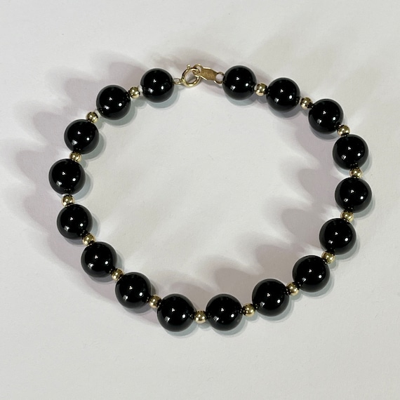 Genuine Onyx Bracelet - Estate 14k Yellow Black B… - image 1