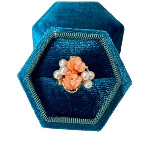 Vintage Carved Coral Rose Ring: 14k Gold & Pearl, 1970s Retro Jewelry