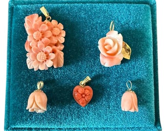 Vintage 14k Gold Carved Coral Pendant Necklaces - Mid Century Modern - 1970s