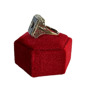 Art Deco Black Onyx Diamond Ring: 14k Gold Filigree, Size 8