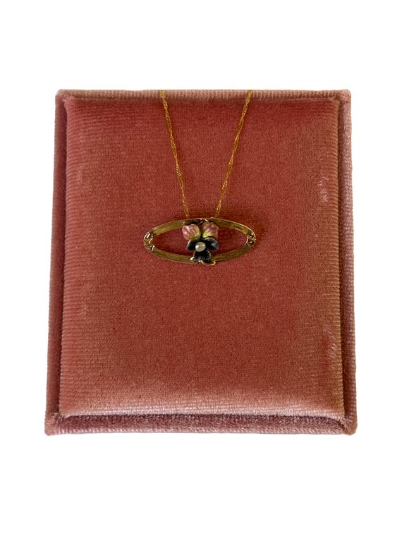 Antique 14k Gold Enamel Pansy Necklace - Art Nouveau Floral Pendant