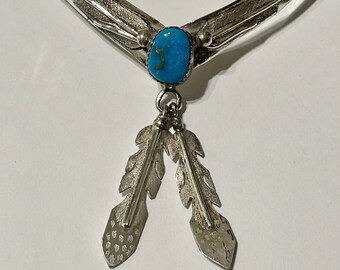 Native American Turquoise Feather Choker Necklace- Signed