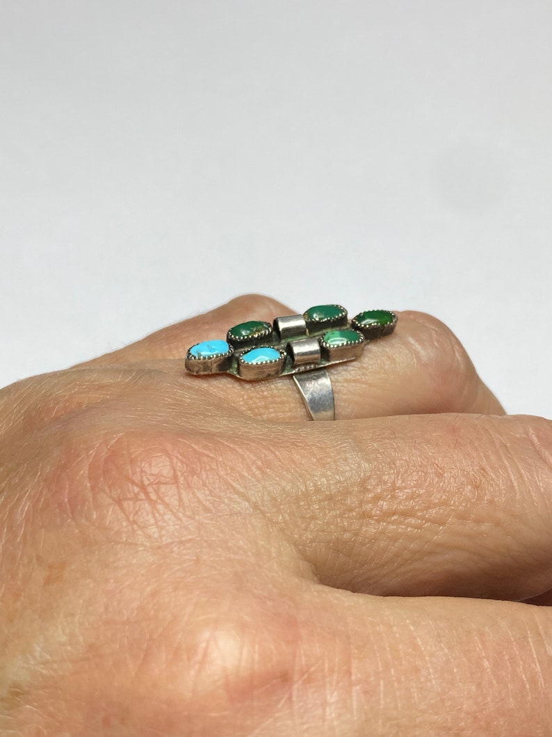 Zuni Ring Turquoise Ring Long Ring Southwestern Ring Sterling Silver Ring Needlepoint Ring Size 8 12 Needlepoint Turquoise