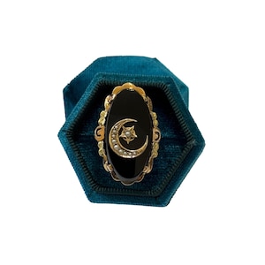 Art Deco Black Onyx Celestial Ring – Seed Pearl, 10k & 14k Gold, Size 7 1/4- ONE OF A KIND