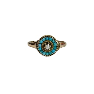 Victorian Turquoise & Seed Pearl Halo Ring - 14k Yellow Gold, Size 5 1/4