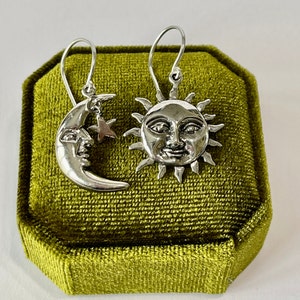 Crescent Moon- Sun-Stars Dangle Drop earrings- Detailed Mix Matched Moon Sun & Stars Celestial Solid Sterling Silver Dangle Earrings