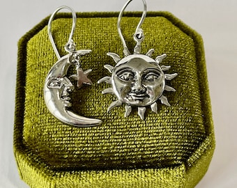 Crescent Moon- Sun-Stars Dangle Drop earrings- Detailed Mix Matched Moon Sun & Stars Celestial Solid Sterling Silver Dangle Earrings