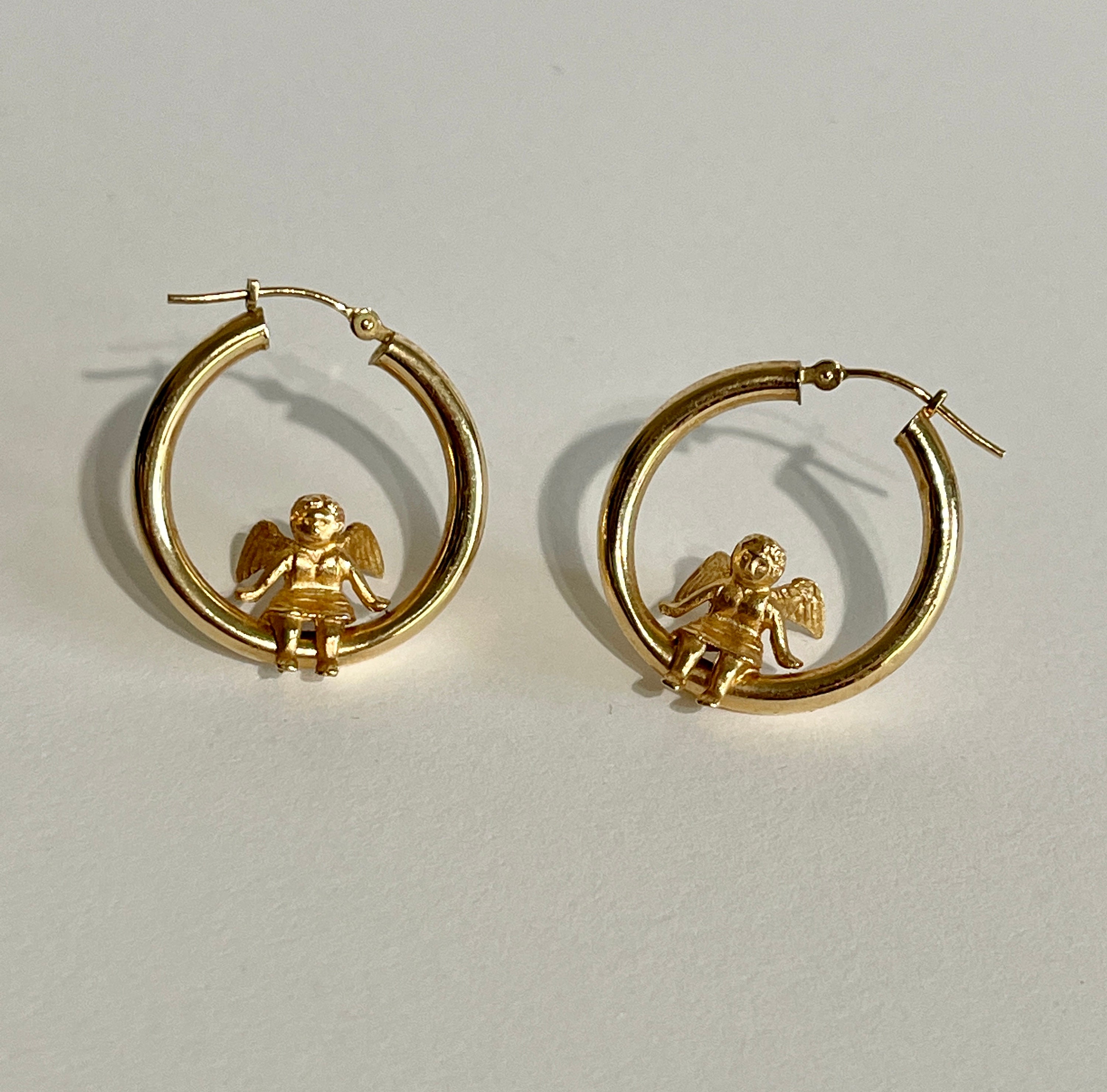 トップシークレット Solid 14k Yellow Gold Two Toned Angel Hoop Earrings 