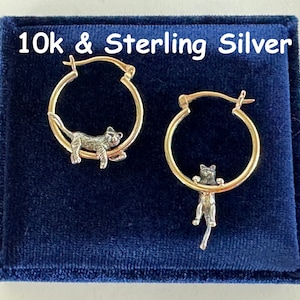 10k Gold & Sterling Silver Cat Hoop Earrings: Patented Design