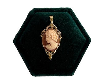 Vintage 10k Yellow Gold Cameo Pendant: 1940s Carved Shell Jewelry