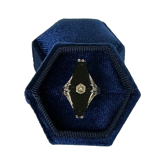 Onyx Diamond Filigree Ring- Art Deco Era 10k Filig