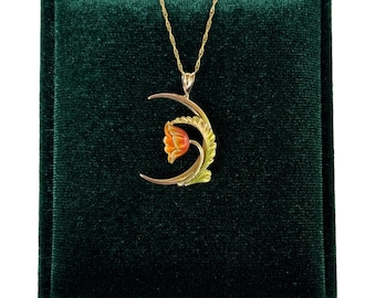 Art Nouveau Enamel Flower Pendant: 14k Yellow Gold Crescent Moon Necklace
