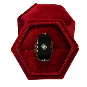 Anillo Art Déco de ónix y diamantes – Filigrana de oro blanco de 14 quilates, talla 5