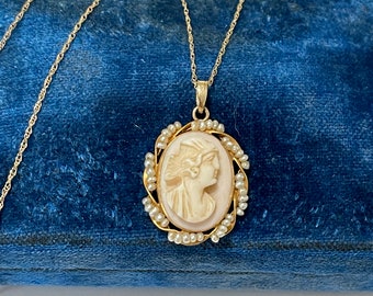 Cameo and Seed Pearl Necklace - Edwardian 10k Yellow Gold Carved Shell Pendant -Circa 1900s Era Statement Seed Pearl Fine Jewelry