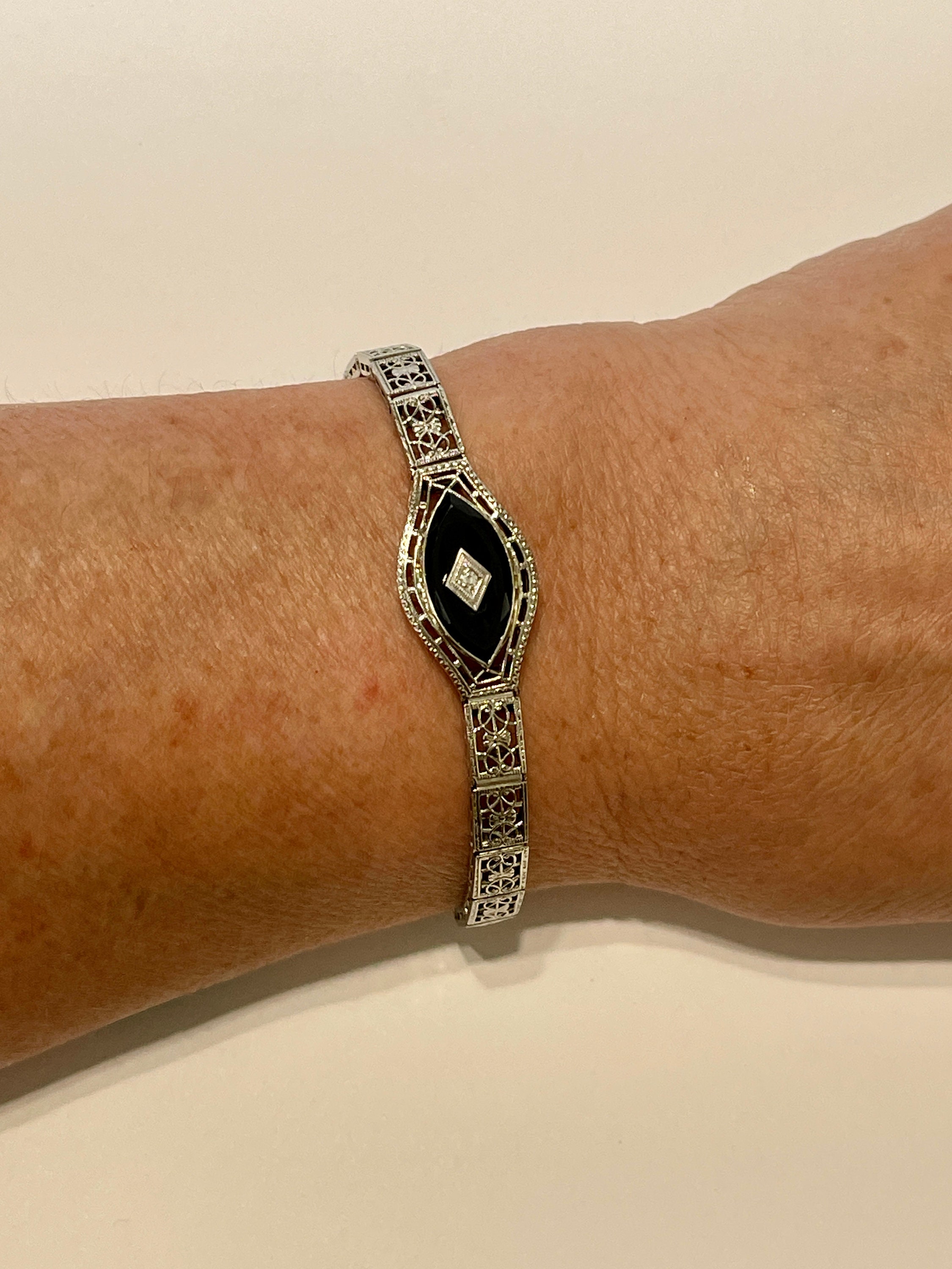 Art Deco Bracelet - Antique 10k White Gold Filigree Genuine