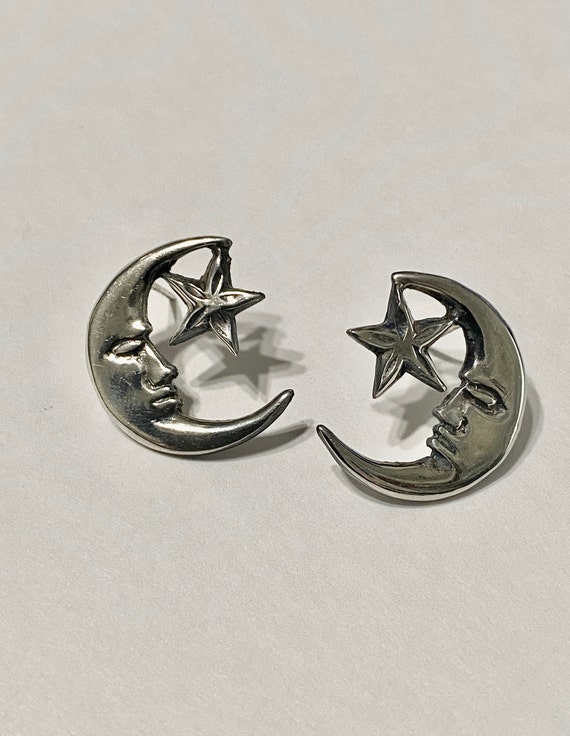 Sterling Silver Crescent Moon and Star Stud earrings-Vintage | Etsy