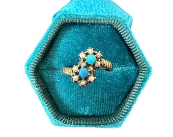 Anillo de turquesa y perlas cultivadas de la época victoriana - Oro rosa de 10k, talla 6
