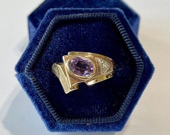 Vintage 10k Yellow Gold Purple Sapphire & Diamond Ring - 1950s Size 10