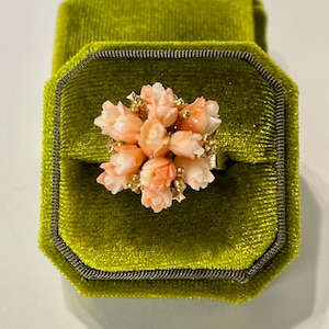 Carved Coral Cluster Ring-Vintage 14k Multi Carved Coral Roses Ring- Sz 7.5- Fine 70’s Organic Jewelry