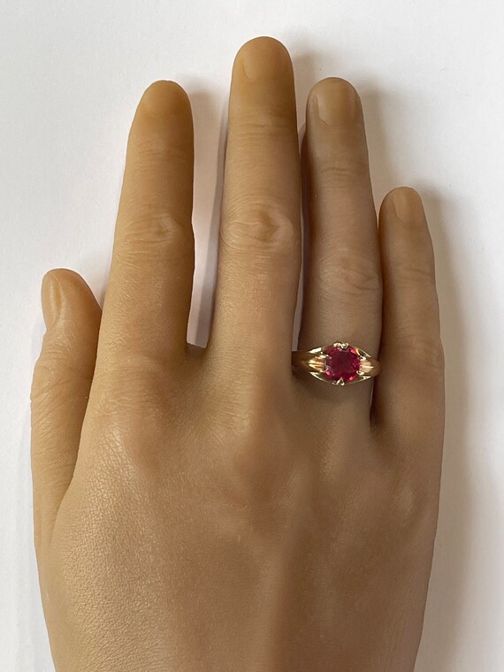 Edwardian Created Ruby Ring: 10k Yellow Gold Soli… - image 6