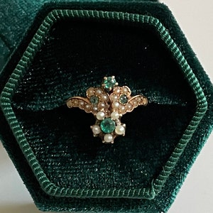 Seed Pearl  Simulated Emerald Ring - 14k Rose Gold Seed Pearl & Green Glass Edwardian Era Ring- Sz 6.5