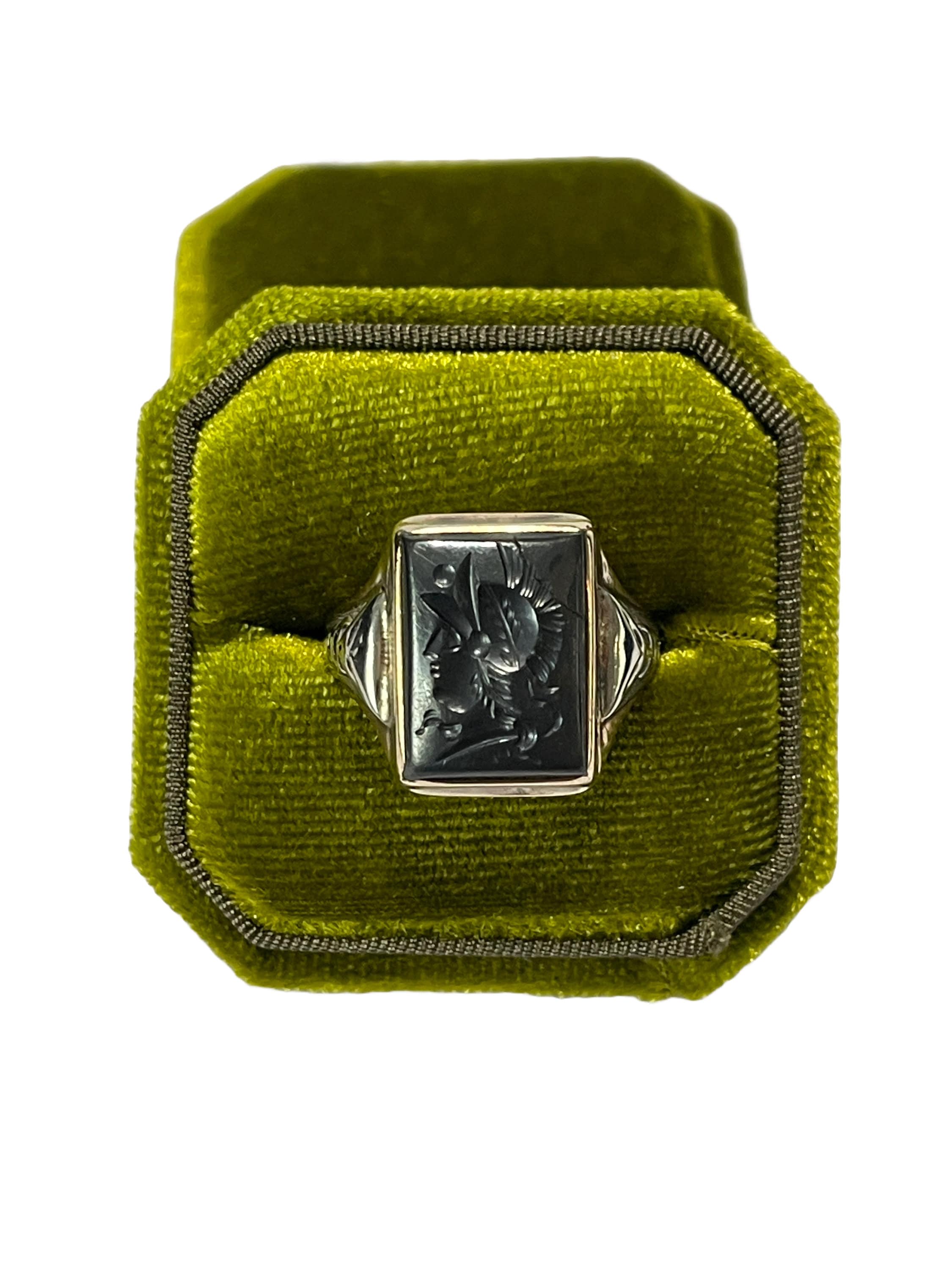 Hematite Intaglio Roman Soldier Ring 14k Yellow White Gold Gray Gemstone Ring Size 10 1 2 Art Deco Era Statement Ring