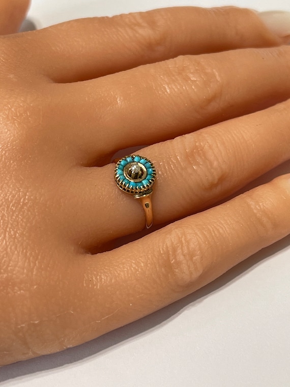 Turquoise & Seed Pearl Halo Ring - 14k Yellow Gol… - image 5