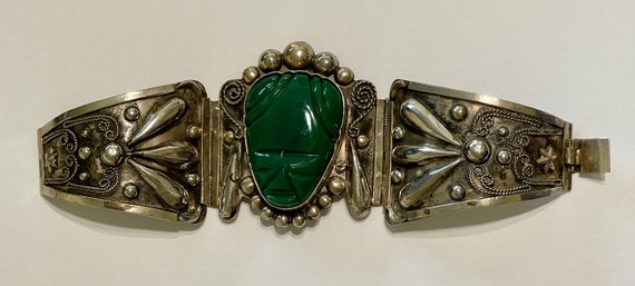 Large Silver Mexican Jade/Green Onyx Aztec Mask C… - image 3