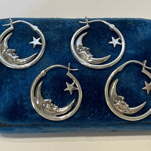 Crescent Moon and Star Hoop earrings- Moon & Star Celestial SOLID Sterling Silver Hoop Earring