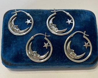 Crescent Moon and Star Hoop earrings- Moon & Star Celestial SOLID Sterling Silver Hoop Earring