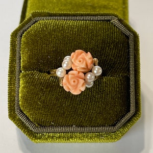 Vintage 14k Coral Rose Ring with Pearls - Size 7 3/4