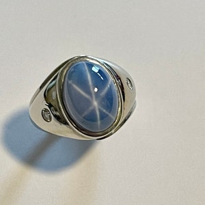 Created Star Sapphire & Diamond Men's Ring 14k White Gold - Etsy