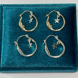 Crescent Moon and Dangling Star Hoop earrings-10k Yellow Gold w/ Sterling Dangle Star or All Sterling Silver -Hoop Celestial Earrings