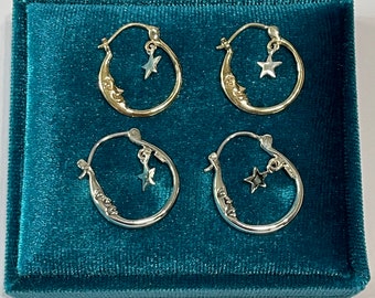 Crescent Moon and Dangling Star Hoop earrings-10k Yellow Gold w/ Sterling Dangle Star or All Sterling Silver -Hoop Celestial Earrings
