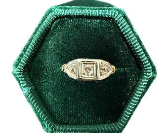 Retro Era 14k Two Tone Gold Diamond Ring: Three Stone Design, Size 4 1/4