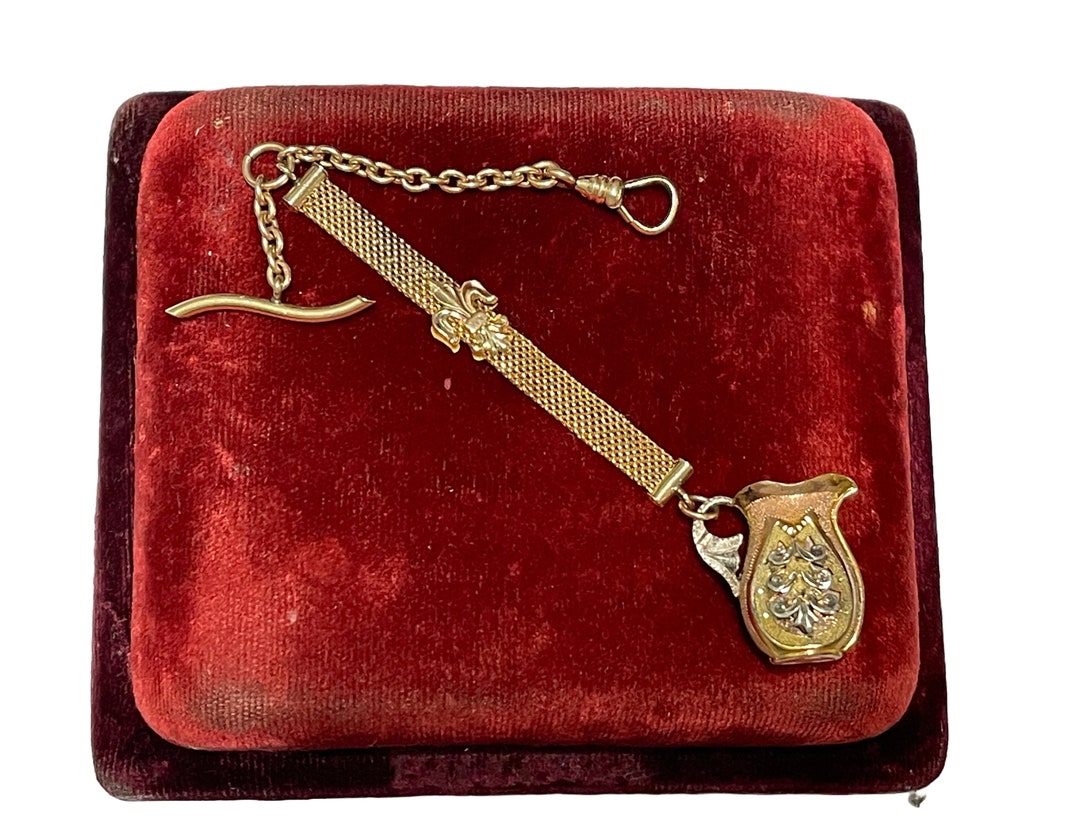 Antique Pocket Watch Chain and Fob Antique Tri Gold Filled Ornate Wine Pitcher Charm Fob