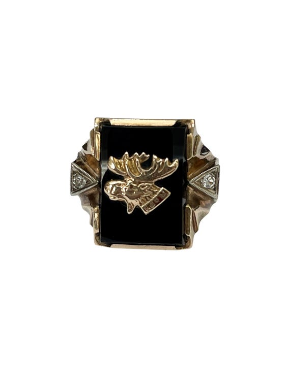 Art Deco Onyx & Diamond Moose Ring: 10k Yellow Gold LOOM