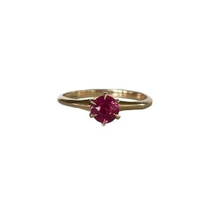 Edwardian Created Ruby Ring: 10k Yellow Gold Solitaire, Size 8