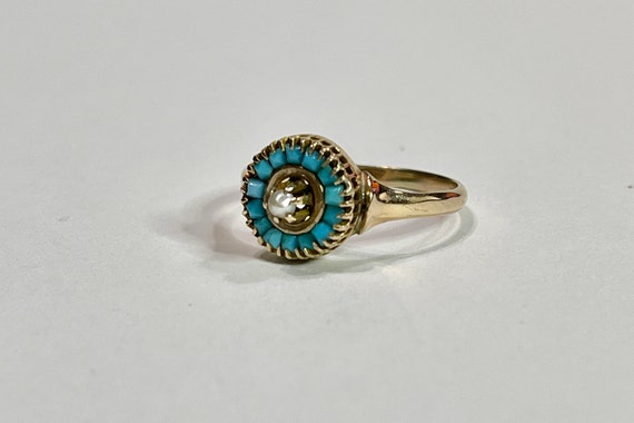 Turquoise & Seed Pearl Halo Ring - 14k Yellow Gol… - image 4