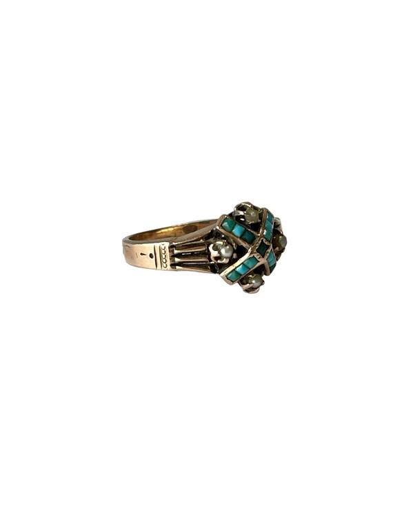 Turquoise & Seed Pearl Ring - 14k Rose Gold Genui… - image 3