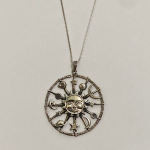 Large Celestial Sun Moon Star Pendant-Vintage Sterling Silver Celestial Pendant Necklace
