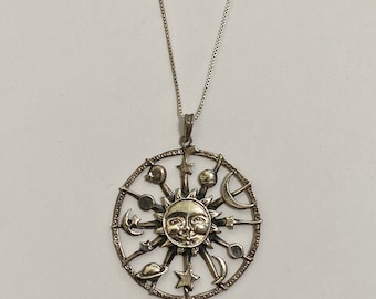 Large Celestial Sun Moon Star Pendant-Vintage Sterling Silver Celestial Pendant Necklace