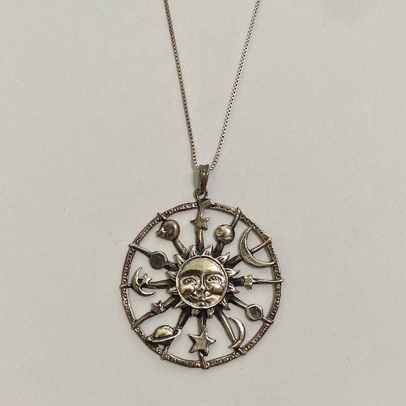 Large Celestial Sun Moon Star Pendant-Vintage Sterling Silver Celestial Pendant Necklace